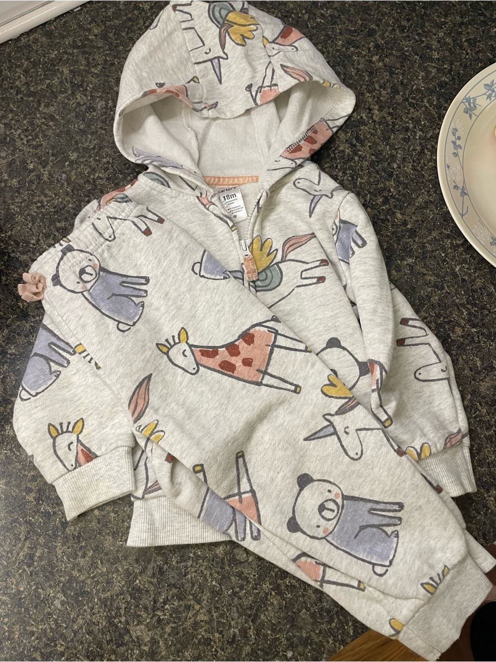 Carter's Light Gray Hoodie with Pastel Animal Print